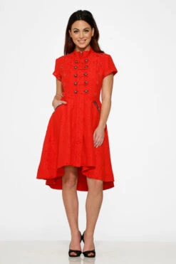 Red Jacquard Battalion Swing Dress -Sway & Shine Fashion Sales Store 10276 Red Jacquard HiLo Dress 3