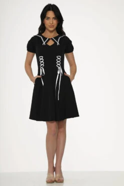 Black & White Trim Gothic Swing Dress 12 Black & White Trim Gothic Swing Dress -Sway & Shine Fashion Sales Store 10481 Black White Trim Gothic Dress 15