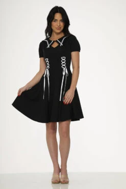Black & White Trim Gothic Swing Dress 9 Black & White Trim Gothic Swing Dress -Sway & Shine Fashion Sales Store 10481 Black White Trim Gothic Dress 19