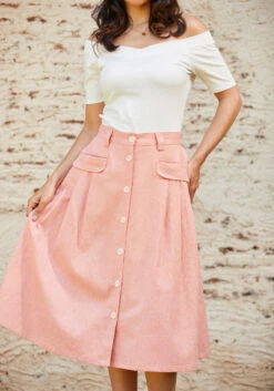 Effortless Feature A-Line Skirt -Sway & Shine Fashion Sales Store 206343 peach chambray 6