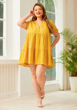Sunshine Serenade Babydoll Dress -Sway & Shine Fashion Sales Store 206411 GOLD NUGGET PLUS 1