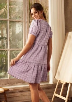 Soft Serenade Babydoll Dres -Sway & Shine Fashion Sales Store 207427 PURPLE PLAID 3