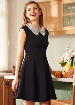 Vinyl Vibes Jeweled Collar Fit & Flare Dress -Sway & Shine Fashion Sales Store 207752 BLK 2