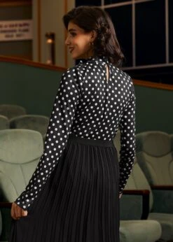 Rydell High Revisited Long Sleeve Tie-Neck Top -Sway & Shine Fashion Sales Store 207948 BLACKWHITEDOT 3