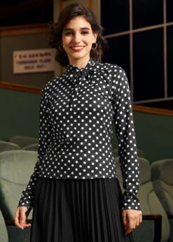 Rydell High Revisited Long Sleeve Tie-Neck Top -Sway & Shine Fashion Sales Store 207948 BLACKWHITEDOT 4