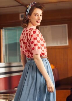 Retro Radiance Puff Shoulder Sweater -Sway & Shine Fashion Sales Store 208007 PINKGROUNDWITHREDCAT 3