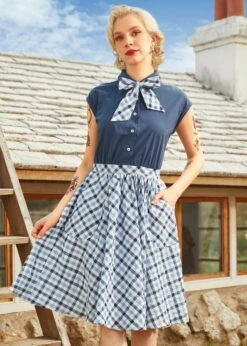 Gingham Grace Bow Dress -Sway & Shine Fashion Sales Store 208133 BLU 4