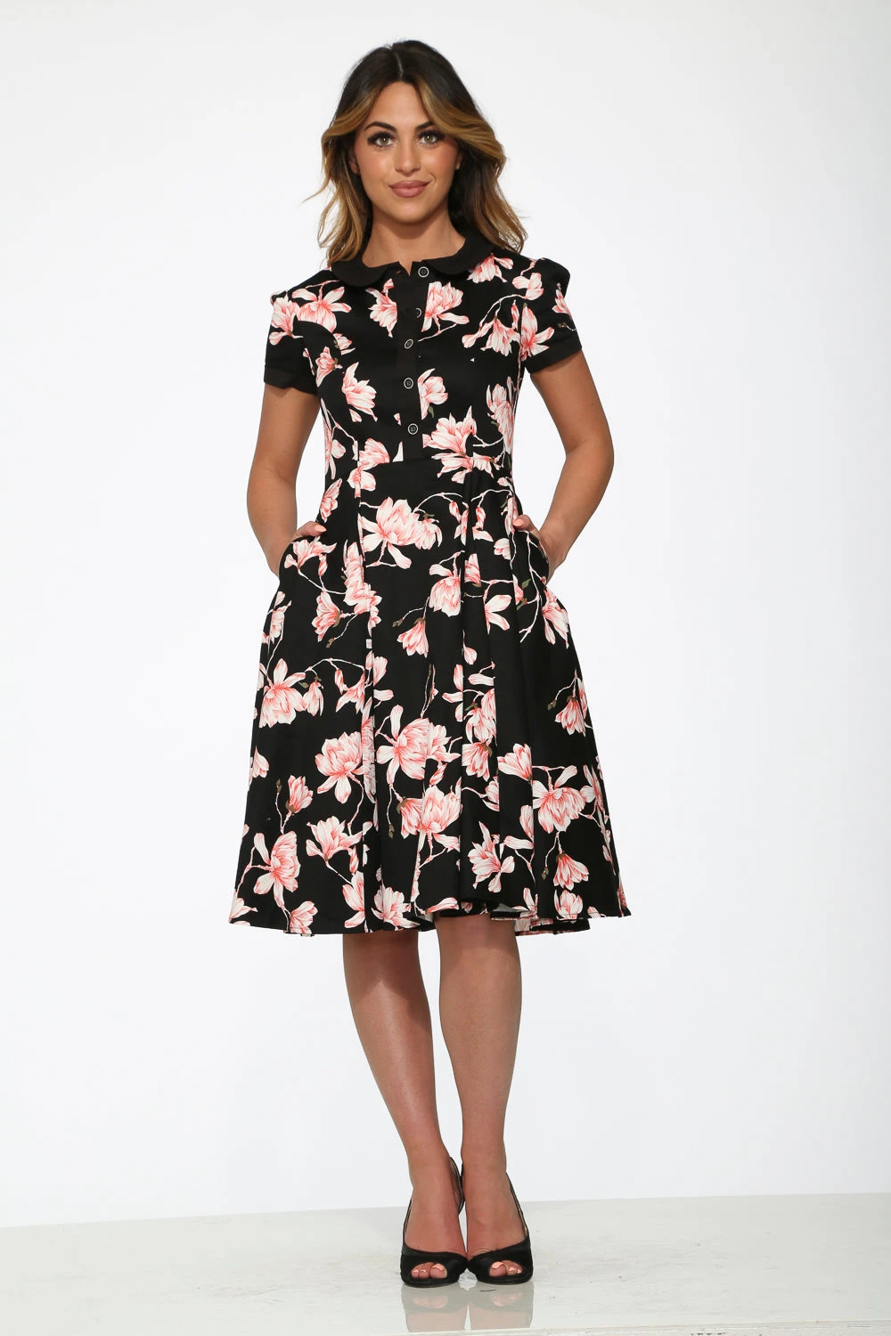 Black & Pink Floral Swing Dress 2 Black & Pink Floral Swing Dress - Image 2