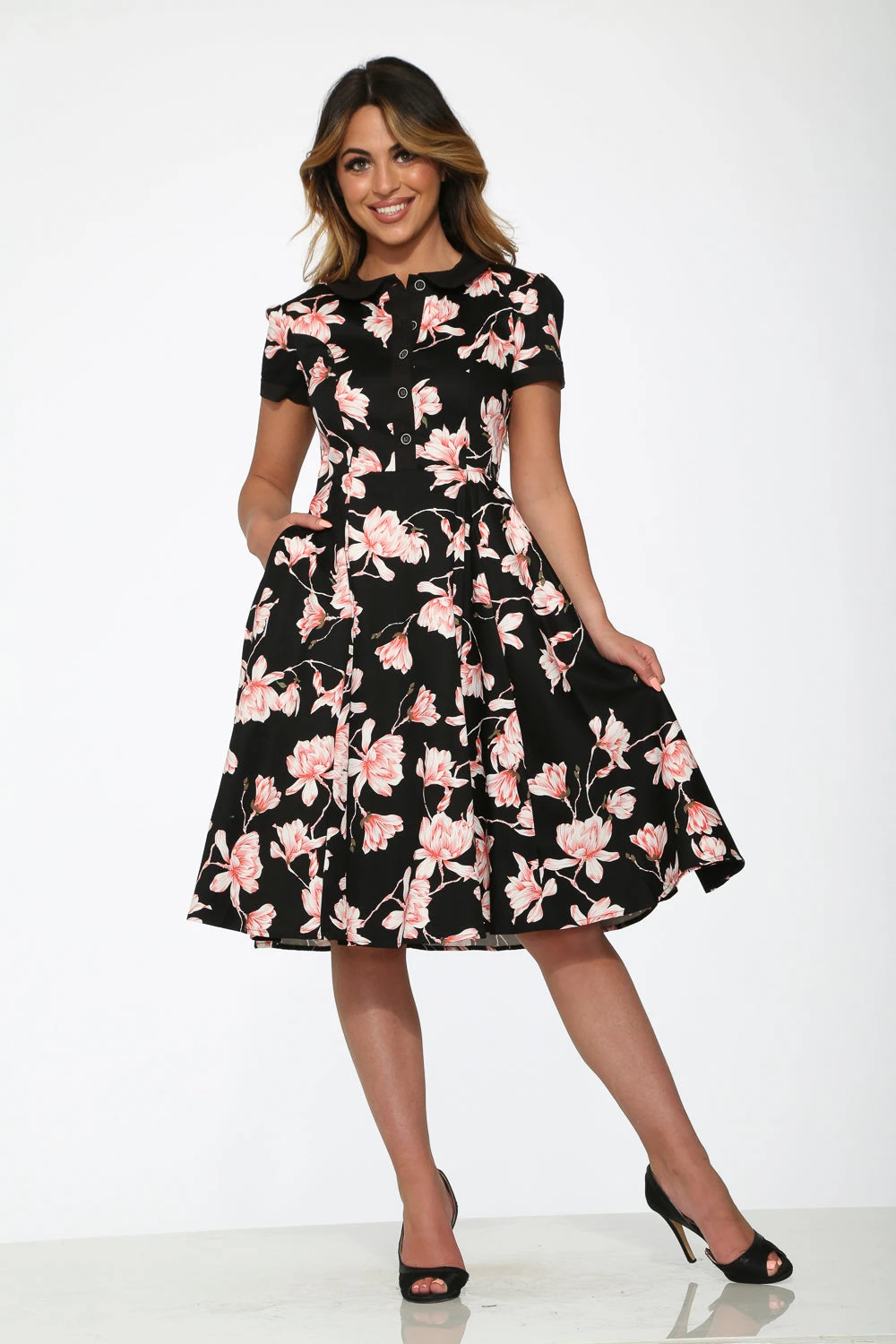 Black & Pink Floral Swing Dress 4 Black & Pink Floral Swing Dress - Image 4