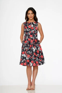 Navy Floral Swing Dress -Sway & Shine Fashion Sales Store 23350NavyRedRoseDress 2